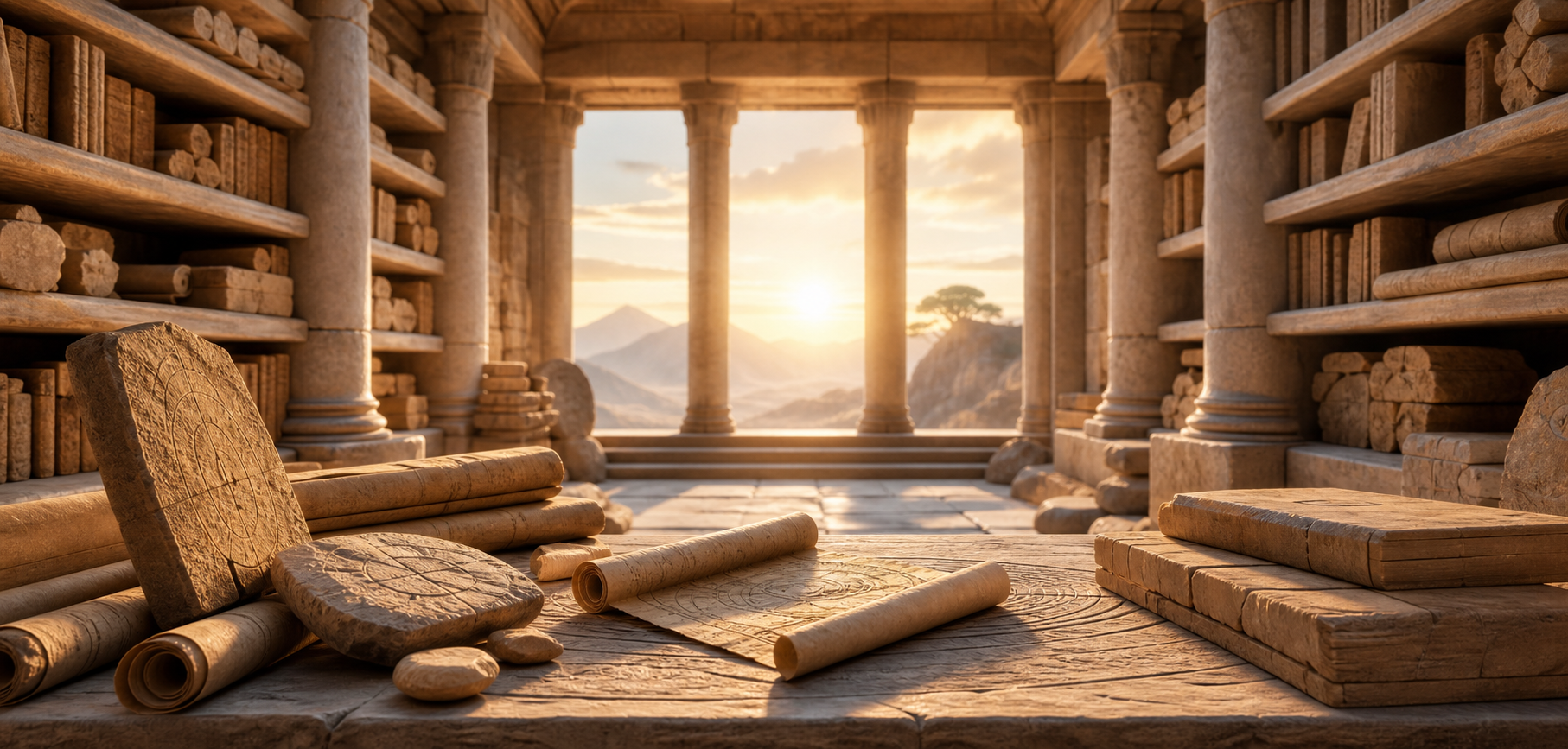 Generated image of an ancient archive with scrolls, stone tablets, warm sunlight, and mountain light representing universal laws hidden in plain sight