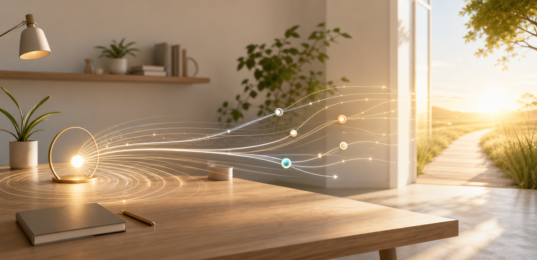 Generated image of light paths moving from a focused point on a desk toward an open doorway, representing attention becoming choices and outcomes