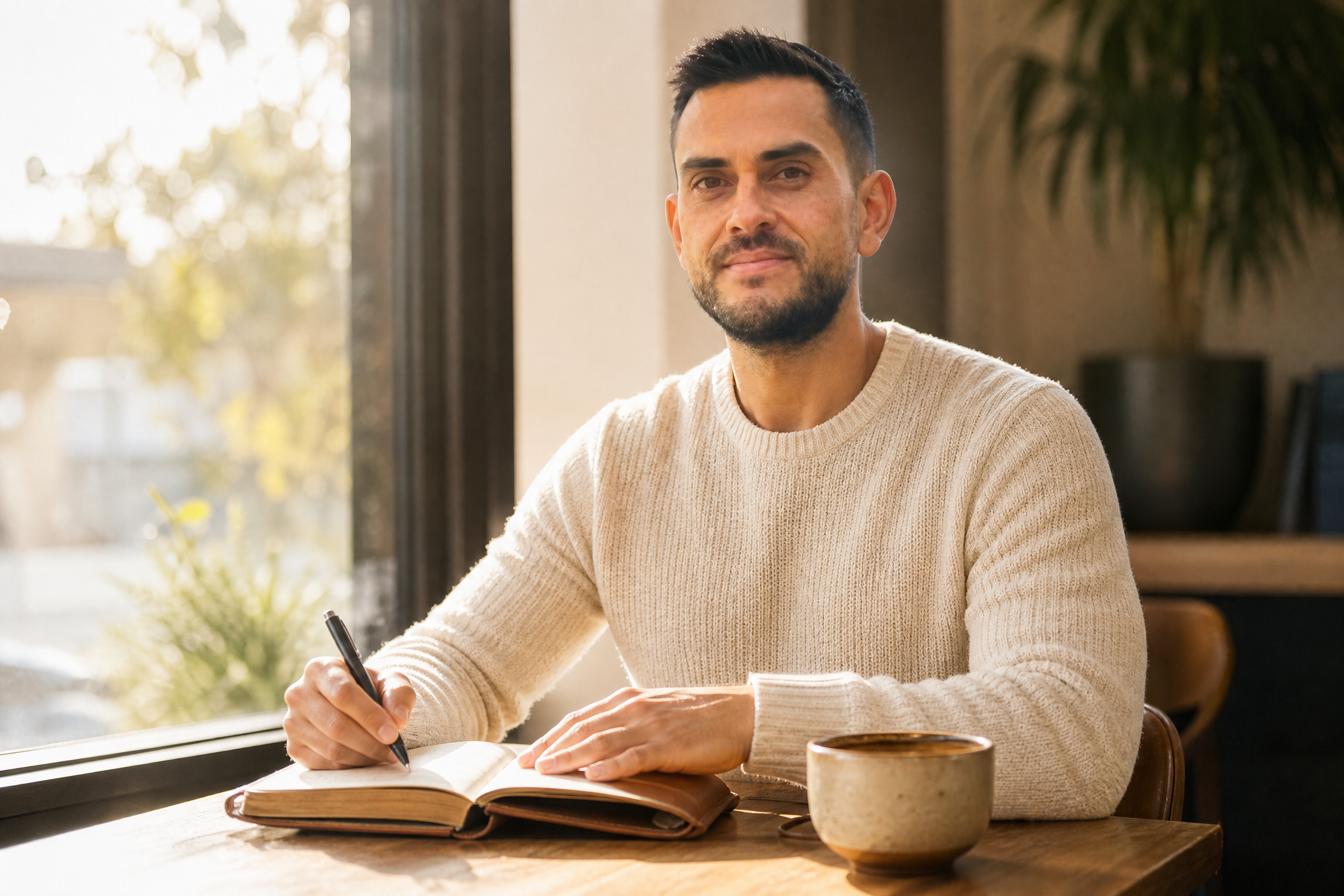 Sean Ali writing manifestation journal prompts in a notebook