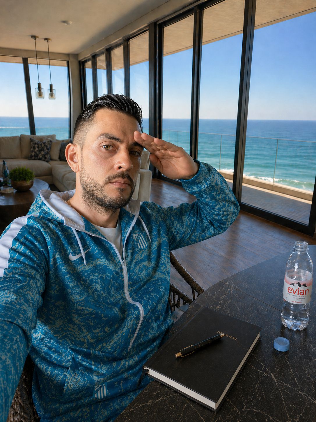 Sean Ali saluting from an ocean-view workspace